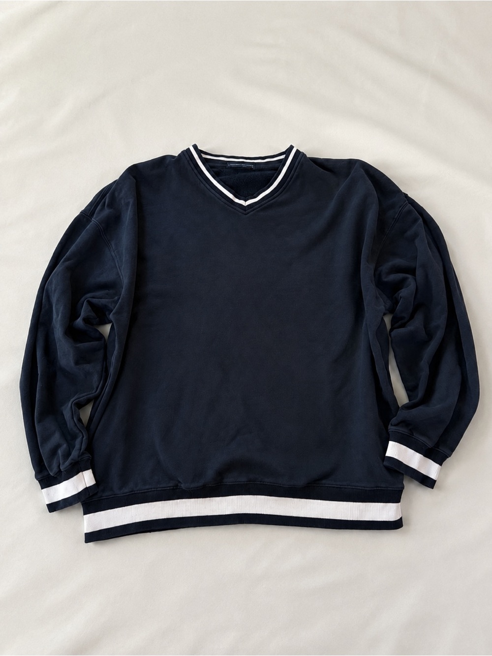 Brandy Melville Navy V-Neck Sweater with White Stripe Trim